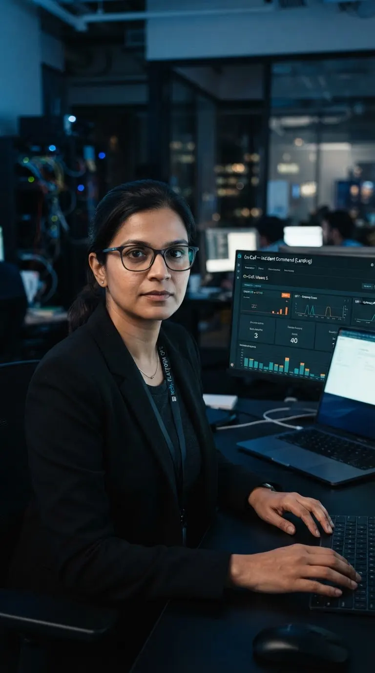 Portrait of Priya Raman in a dimly lit operations room